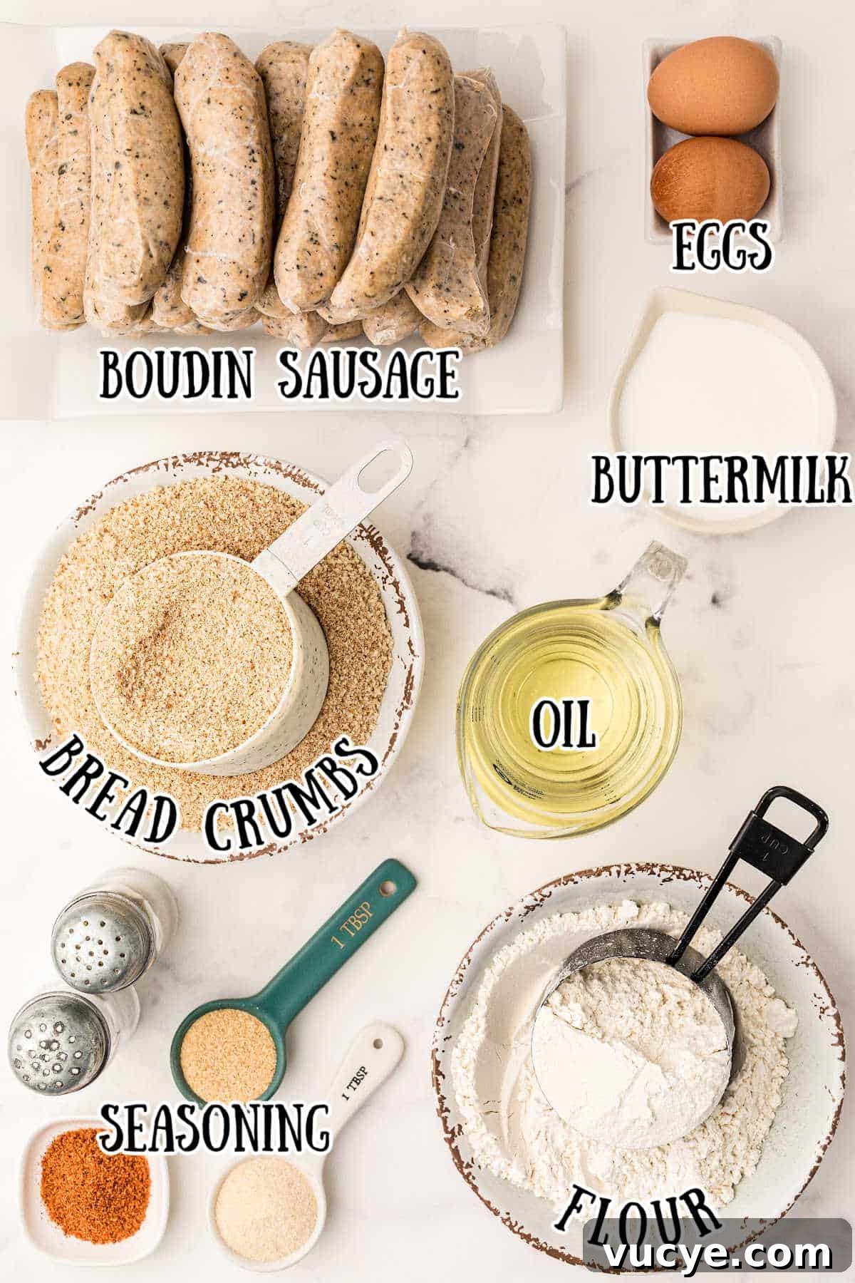 Crispy Fried Boudin Balls: Where to Find & How to Enjoy 3 ingredients for boudin balls, starting with boudin sausage and eggs, flour, seasoning, breadcrumbs