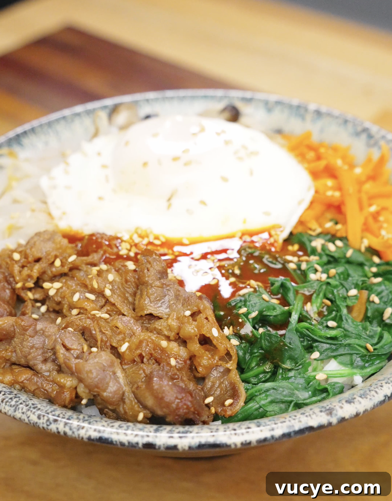 Authentic Beef Bibimbap Recipe with Crispy Veggies and Gochujang 2 Bowl of beef bibimbap recipe with rice seasoned beef spinach carrots and a fried egg topped with sesame seeds.