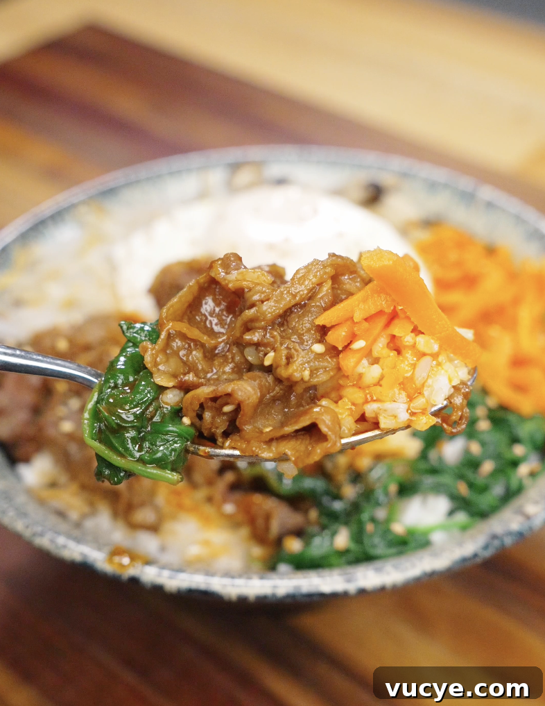 Authentic Beef Bibimbap Recipe with Crispy Veggies and Gochujang 3 Spoon lifting a bite of beef bibimbap recipe with rice beef spinach carrots and gochujang sauce.