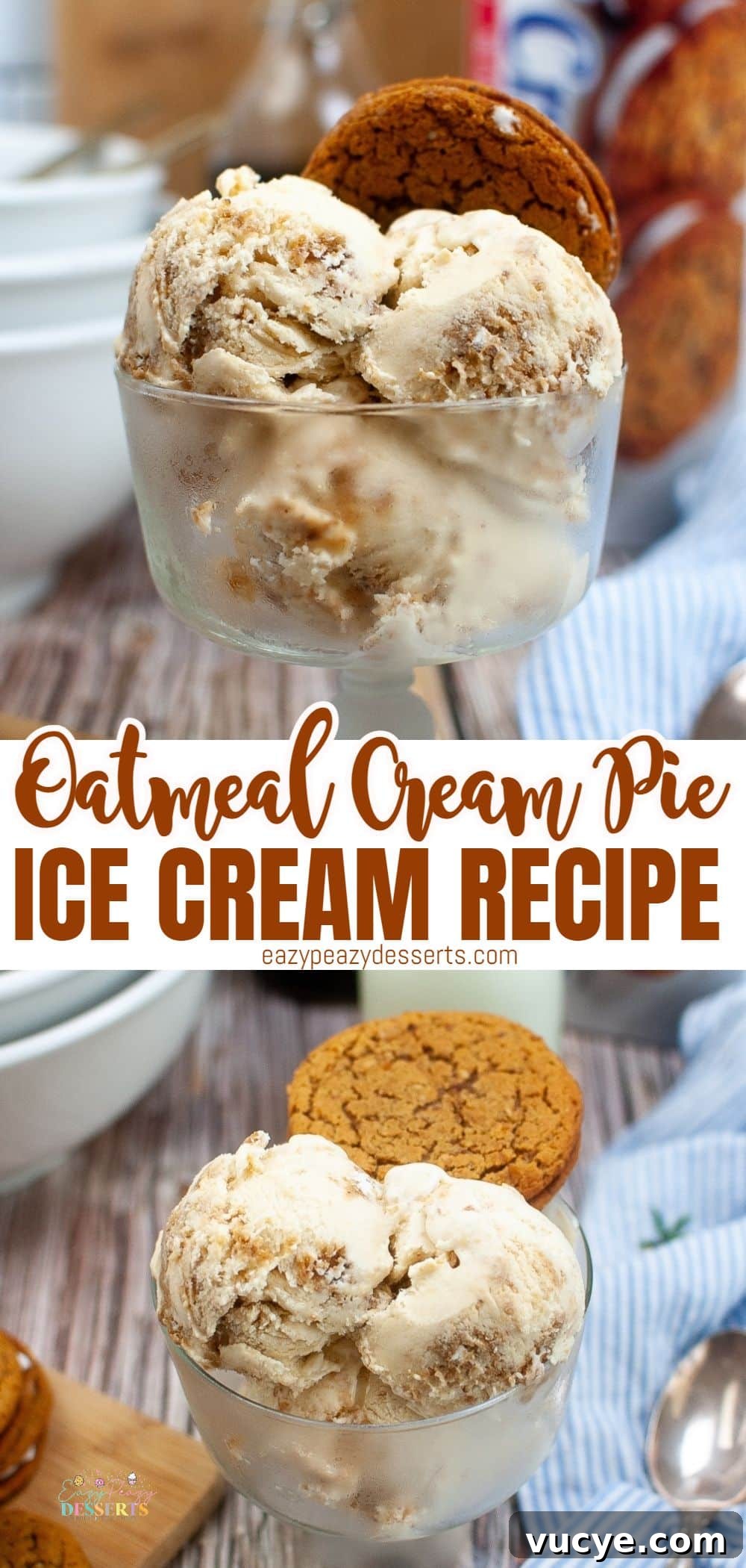 A few scoops of Oatmeal cream pie ice cream in ice cream bowls