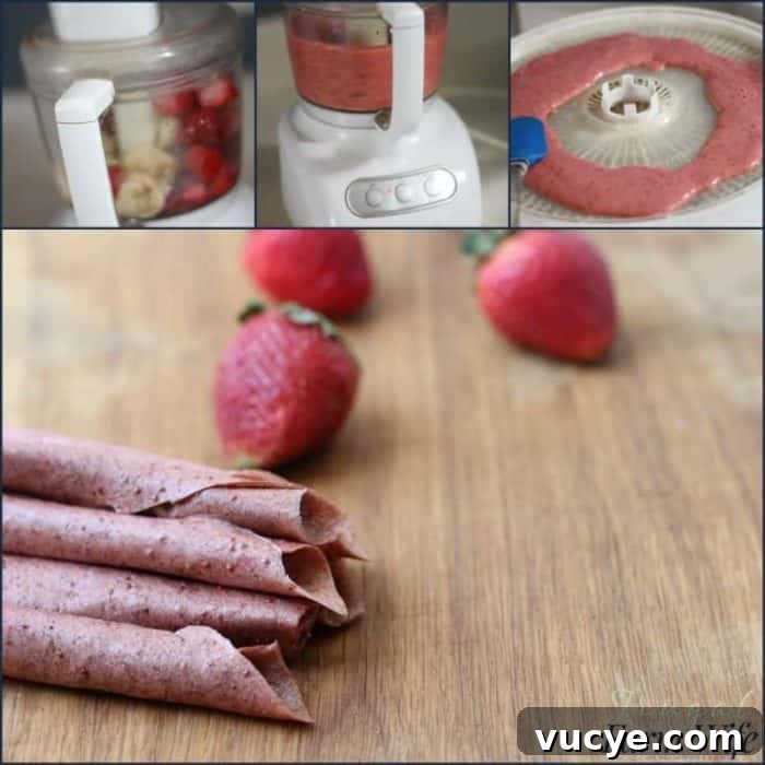 Strawberry Banana Fruit Leather Recipe for Homemade Snacks 4 Image shows a collage of photos of what it takes to make fruit leather