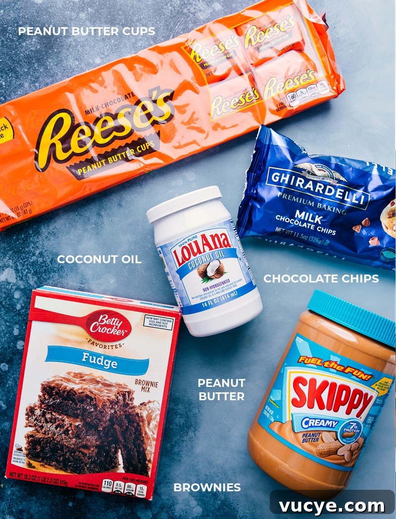 Ingredients for Peanut Butter Cup Brownies Ingredients shot-- the ingredients that go in this dessert