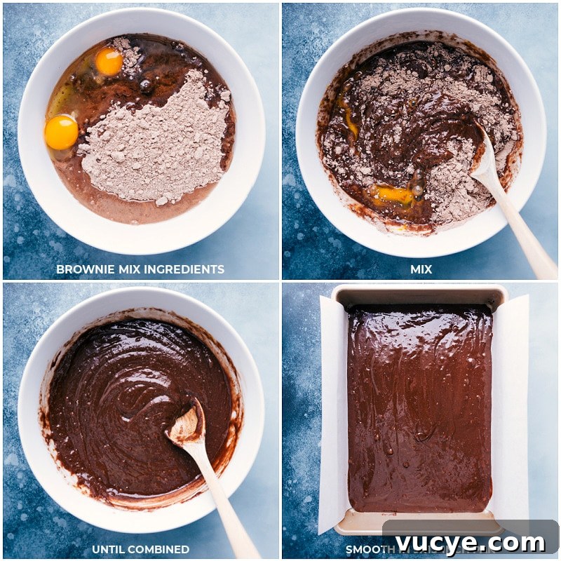 Mix and smooth brownie batter Process shots-- mixing the brownie ingredients; smoothing into the pan