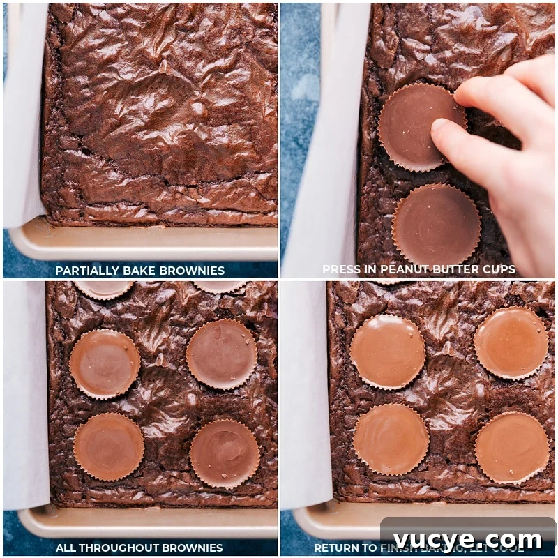 Press peanut butter cups into brownies Process shots-- partially bake the brownies; press peanut butter cups into the brownies; return to the oven to finish baking