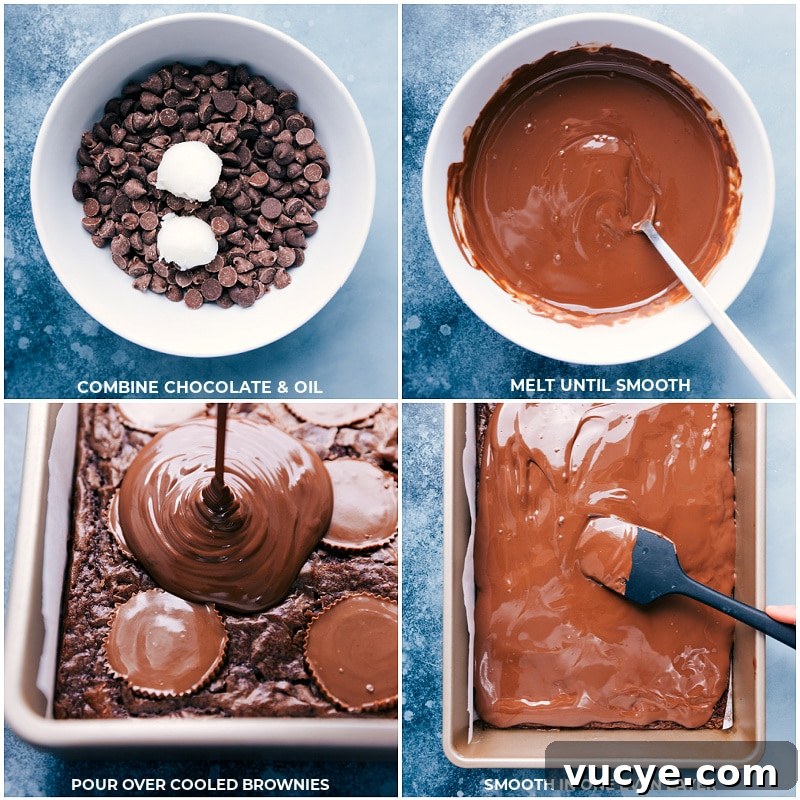 Spread melted chocolate over brownies Process shots-- combine chocolate and coconut oil; melt until smooth; pour over cooled brownies; smooth into an even layer