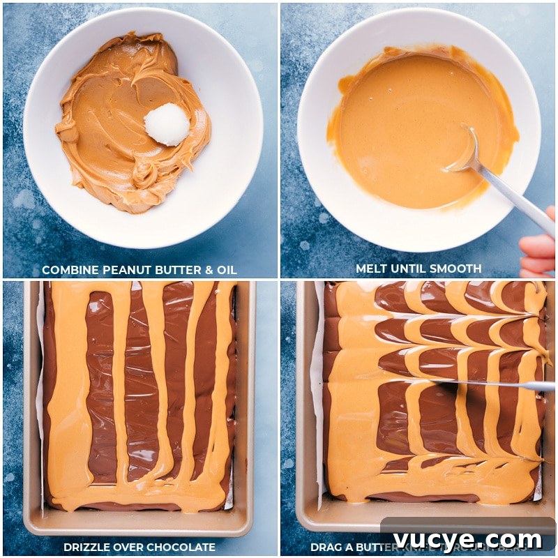 Drizzle peanut butter over chocolate and marble Process shots-- combine peanut butter and oil; melt until smooth; drizzle over the chocolate; drag a knife through topping but not into the actual brownies.