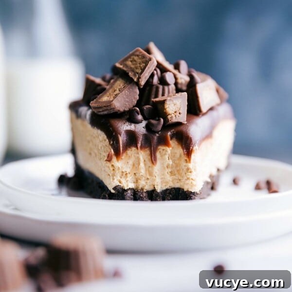 A slice of peanut butter cheesecake no bake with a bite taken out, revealing its soft and creamy interior.
