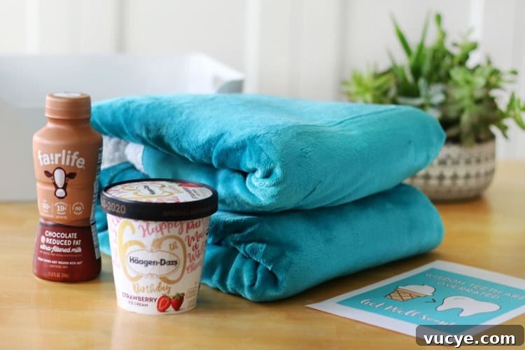 Wisdom Tooth Recovery Gift Basket Ideas with Printable Card 6 folded blanket and carton of ice cream