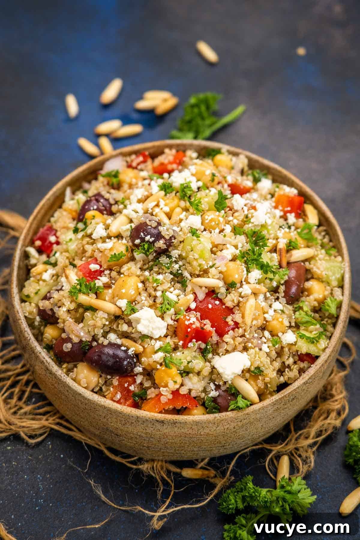 Mediterranean chickpea quinoa salad served in a bowl.