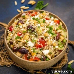 Made using cooked quinoa, lots of veggies, and a zesty and flavorful dressing, Mediterranean Chickpea Quinoa Salad, is a healthy and delicious salad. Serve it on its own or as a side dish.