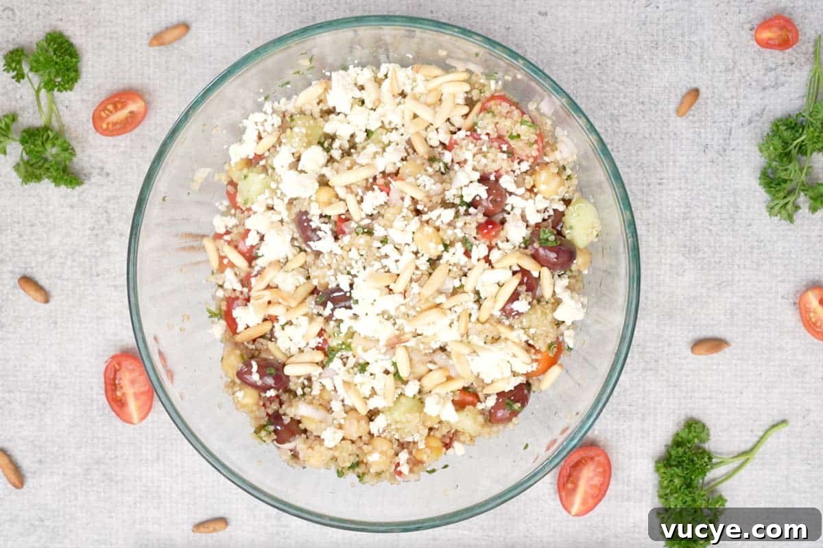 Ready Mediterranean quinoa chickpea salad.