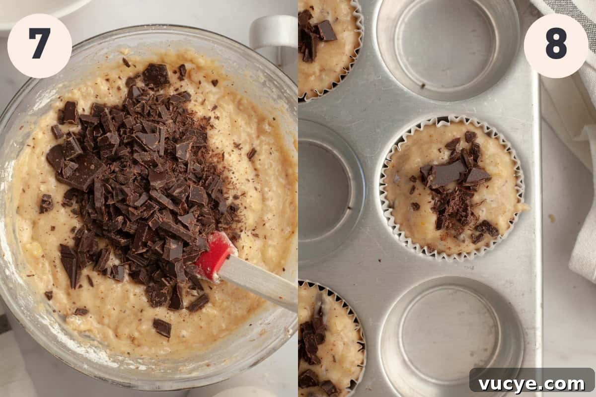 Bakery-Style Chocolate Chunk Banana Muffins Recipe 8 Muffin batter in a bowl with chopped chocolate and unbaked banana muffins in a pan.