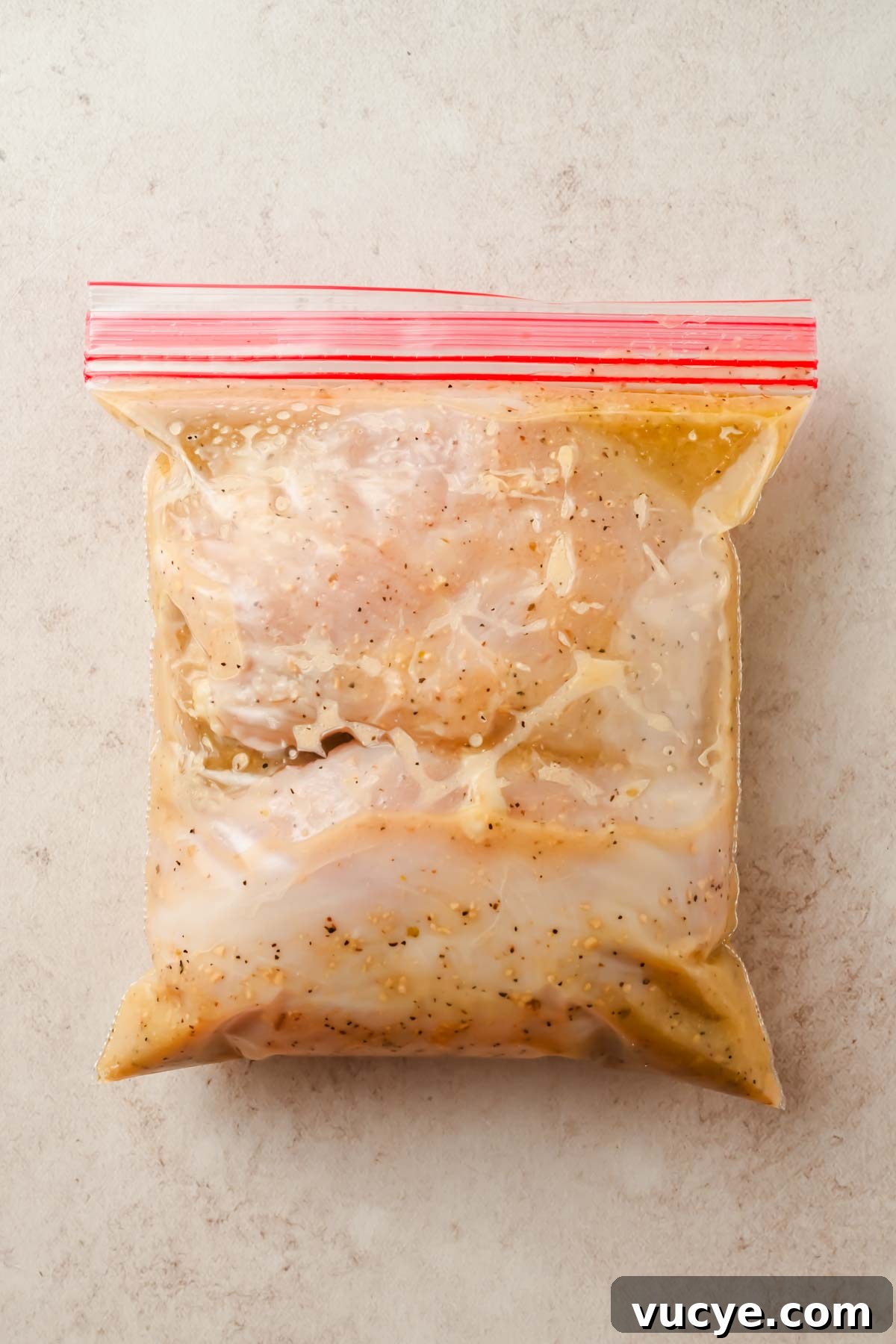 Creamy Caesar Pasta Salad with Crispy Croutons and Parmesan 4 chicken marinated in large freezer size bag.