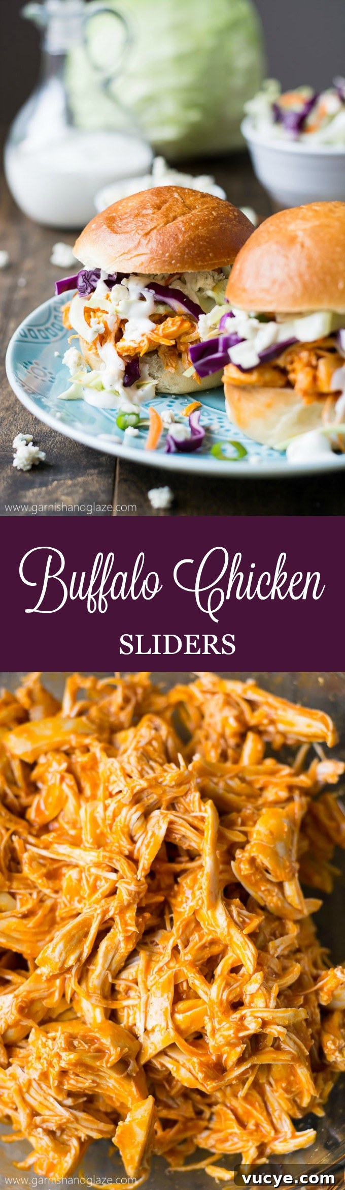 Spicy Buffalo Chicken Sliders with Creamy Blue Cheese Slaw 3 Slow-cooker Buffalo Chicken Sliders are filled with spicy tender chicken and refreshing crisp coleslaw.