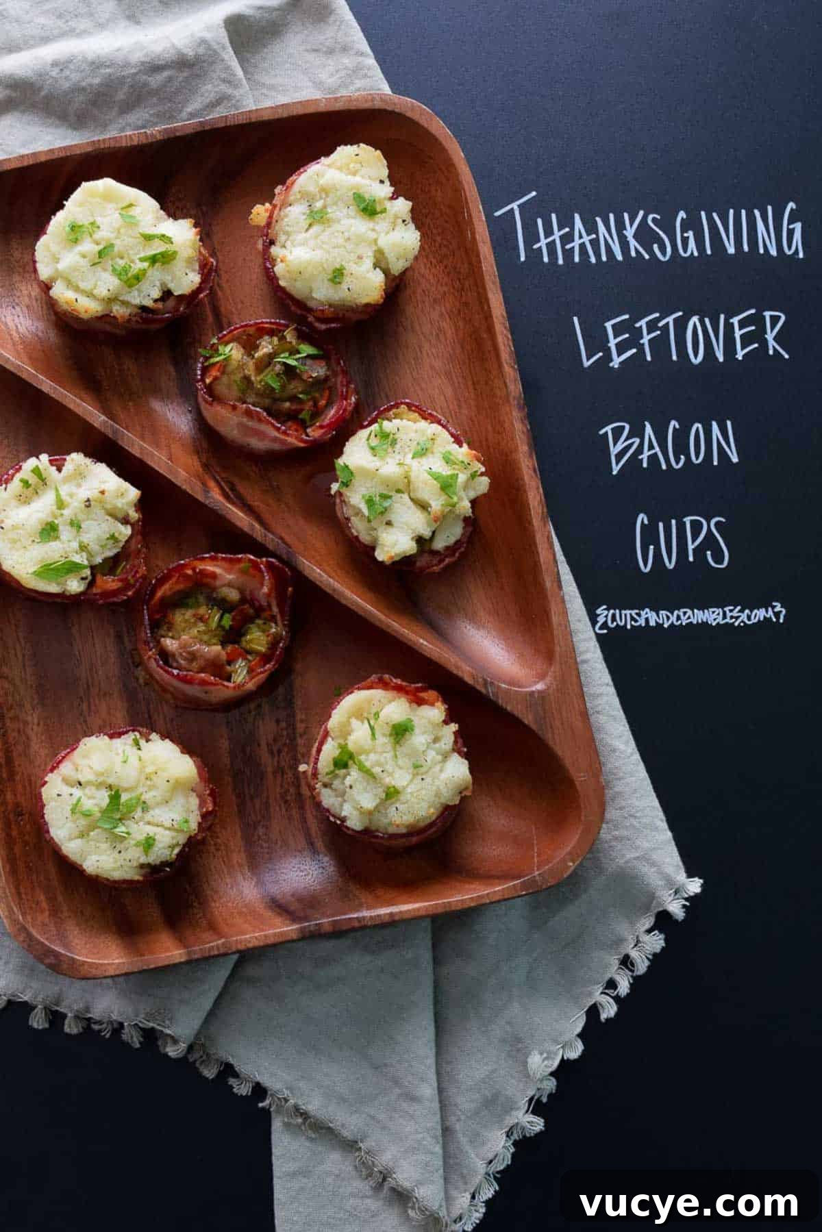 Thanksgiving Leftovers: Crispy Bacon Cups Recipe 2 Thanksgiving Leftover Bacon Cups on brown serving platter with title written on chalkboard