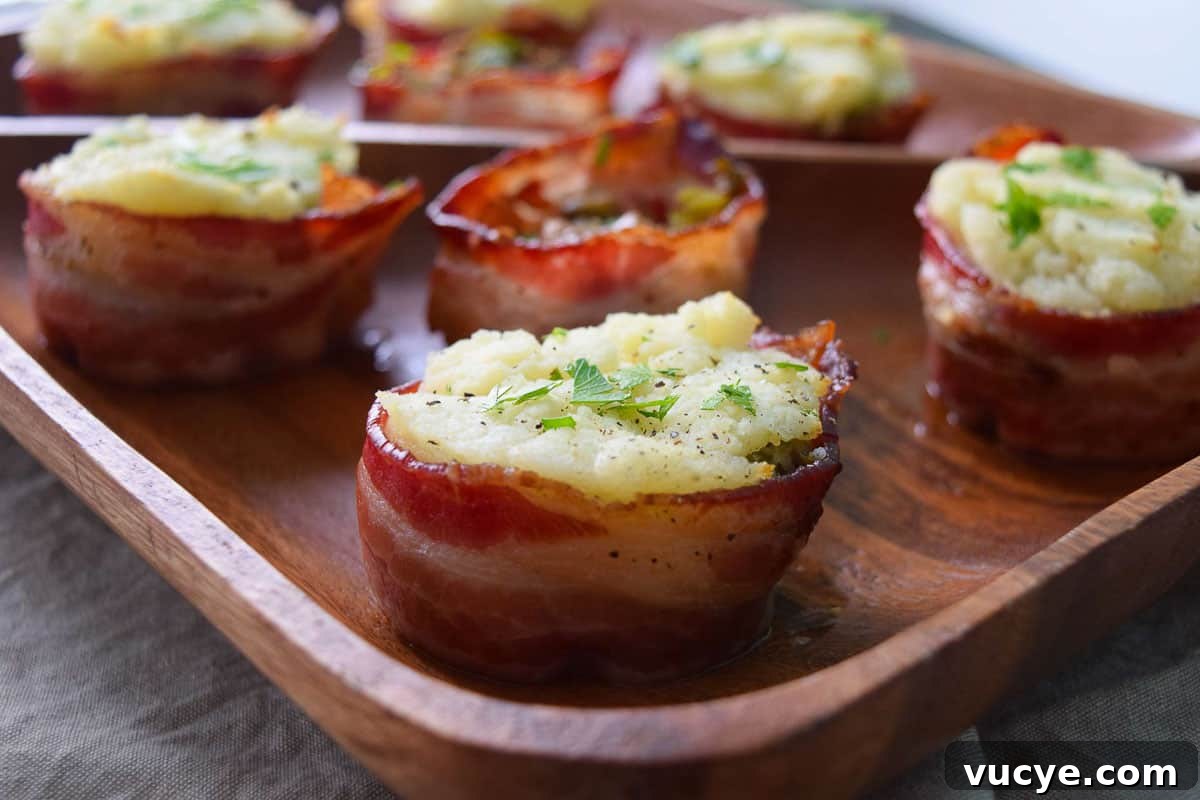 Thanksgiving Leftovers: Crispy Bacon Cups Recipe 3 Close up view of bacon cups stuffed with mashed potatoes