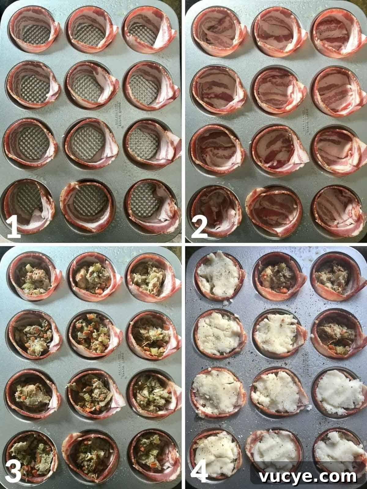 Thanksgiving Leftovers: Crispy Bacon Cups Recipe 4 Collage of four images showing how to make leftover stuffed bacon cups