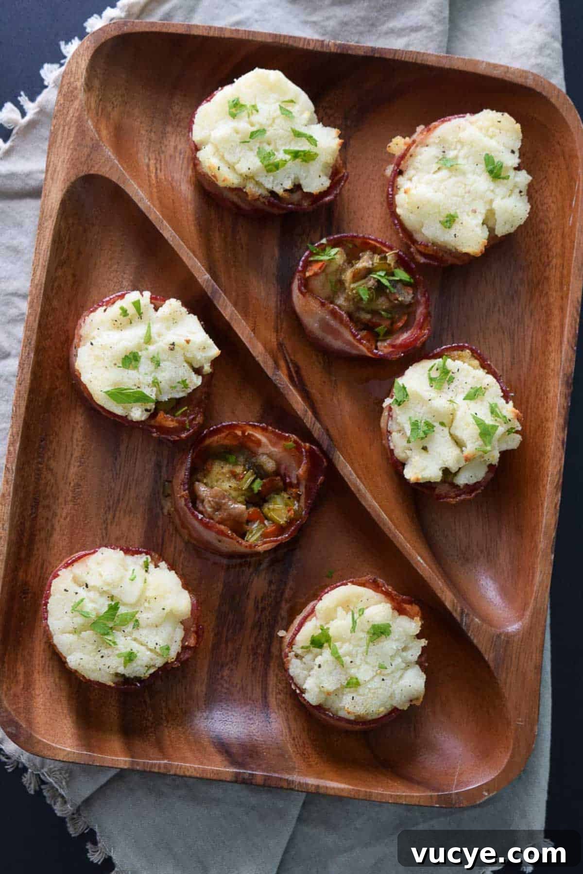 Thanksgiving Leftovers: Crispy Bacon Cups Recipe 5 Overhead view of bacon cups topped with mashed potatoes and parsley