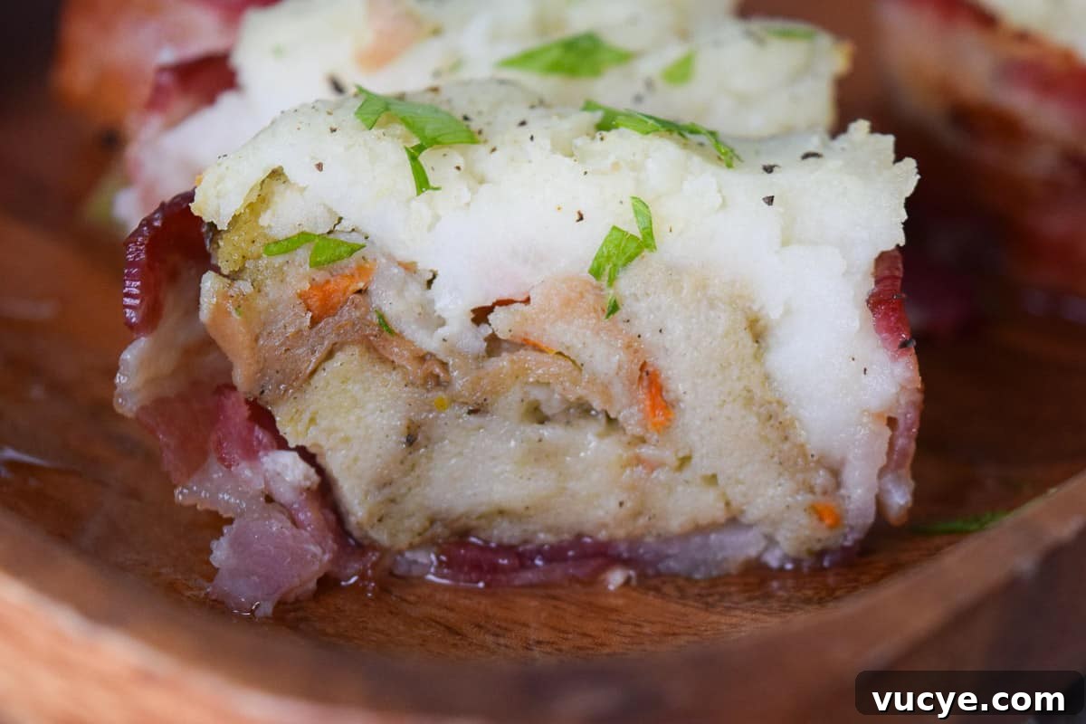 Thanksgiving Leftovers: Crispy Bacon Cups Recipe 6 Close up view of cross section of bacon cup stuffed with stuffing and mashed potatoes