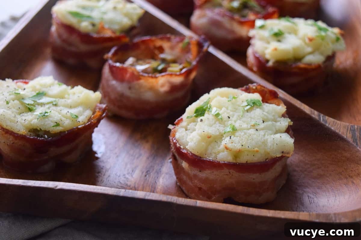 Thanksgiving Leftovers: Crispy Bacon Cups Recipe 7 Close up view of bacon cups topped with mashed potatoes