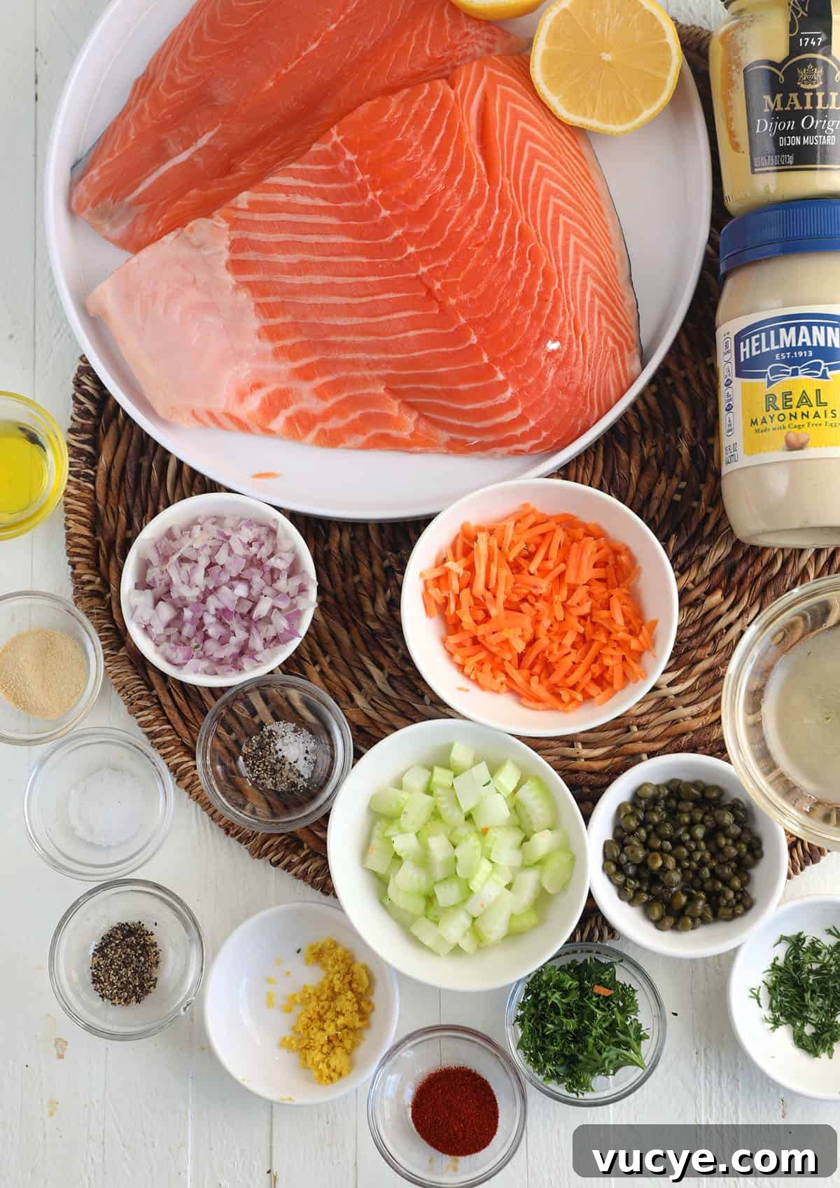Salmon Salad with Dill & Capers: Fresh Summer Recipe 3 Overhead view of salmon salad ingredients