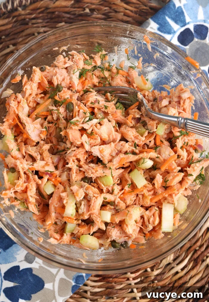 Salmon Salad with Dill & Capers: Fresh Summer Recipe 5 Salmon salad in mixing bowl