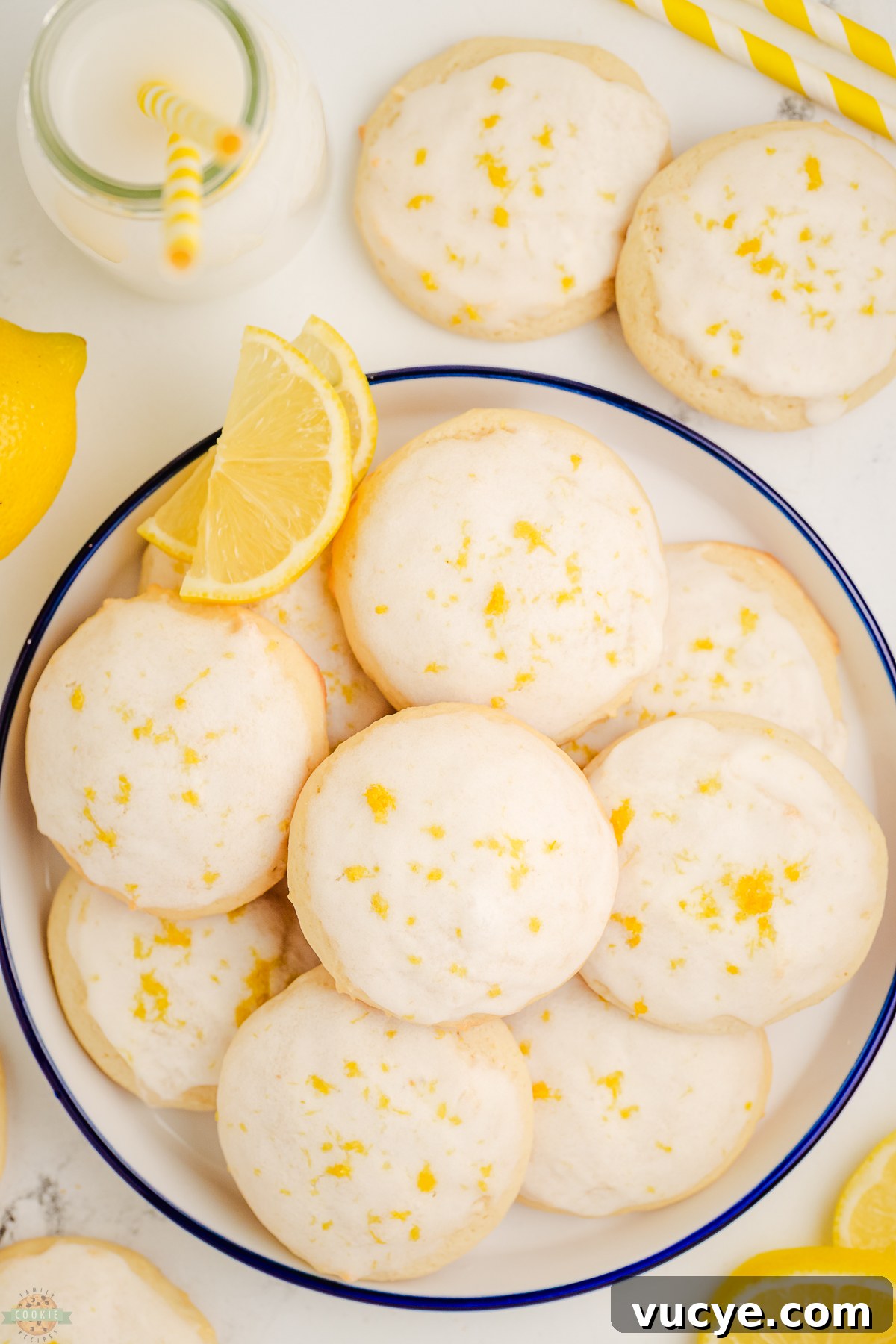 plateful of iced lemon cookies made with buttermilk