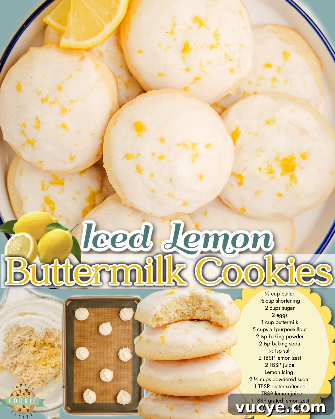 Buttermilk Lemon Cookies made with a soft, pillowy dough flavored with fresh lemon juice and zest, baked & glazed with lemon vanilla icing.