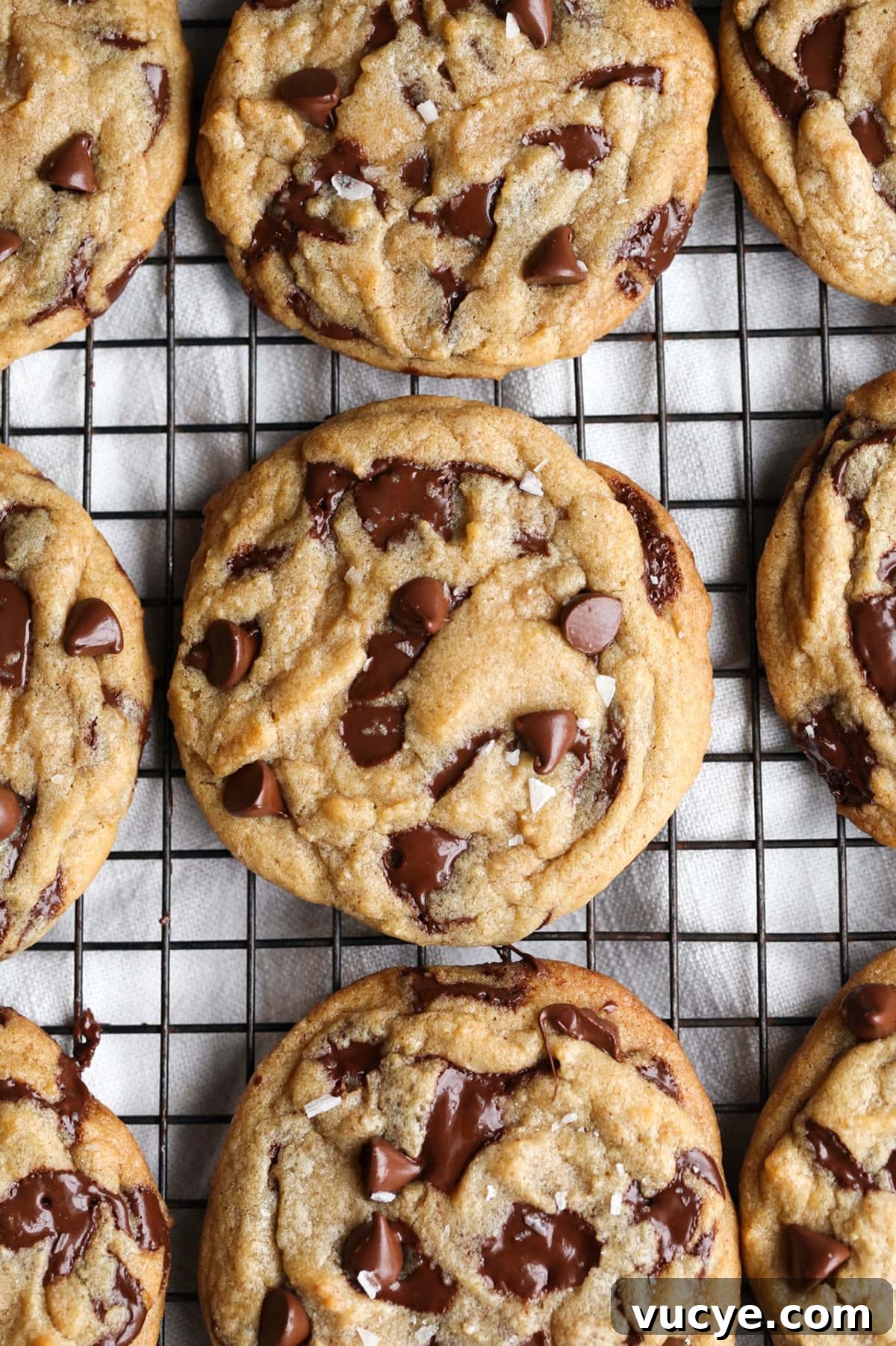 chocolate chip cookies from above on a wire cooling rack