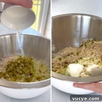 Chick-fil-a chicken salad recipe being mixed in a metal bowl.
