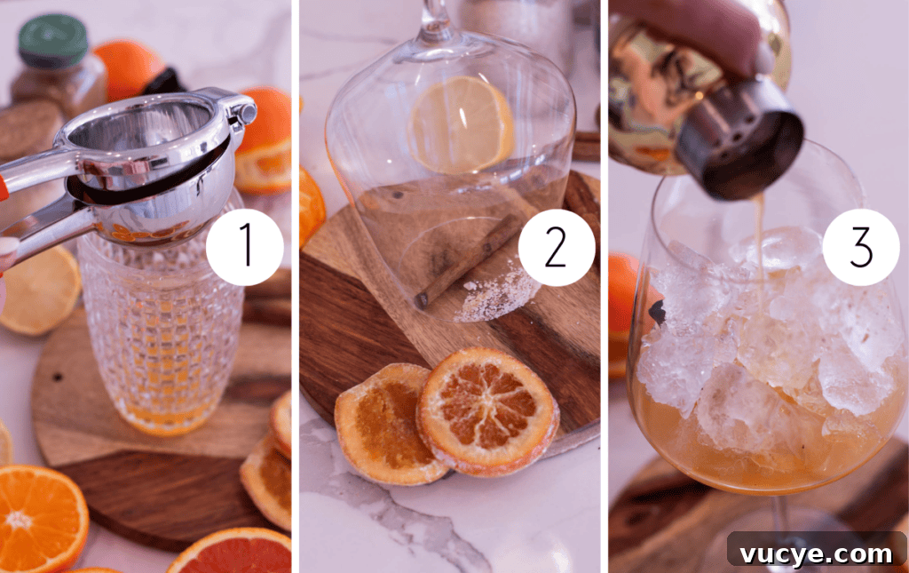5-Minute Spiced Orange Mocktail — Single-Serve Recipe 4 Three step-by-step images to make an orange mocktail, including squeezing oranges, sugaring the rim of the glass, and pouring the drink in a glass filled with ice.
