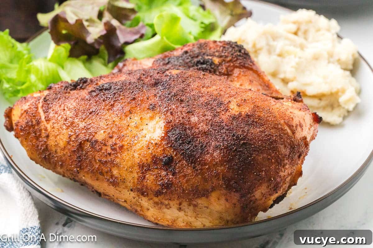 Smoked Bone-In Chicken Breasts Recipe for Juicy, Flavorful Meat 2 Smoked bone-in chicken breast on a plate with mashed potatoes and green salad