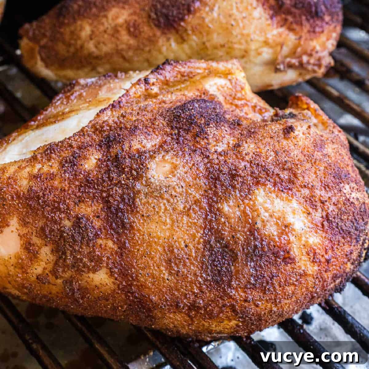 Smoked Bone-In Chicken Breasts Recipe for Juicy, Flavorful Meat 11 A close up of a chicken on a grill.