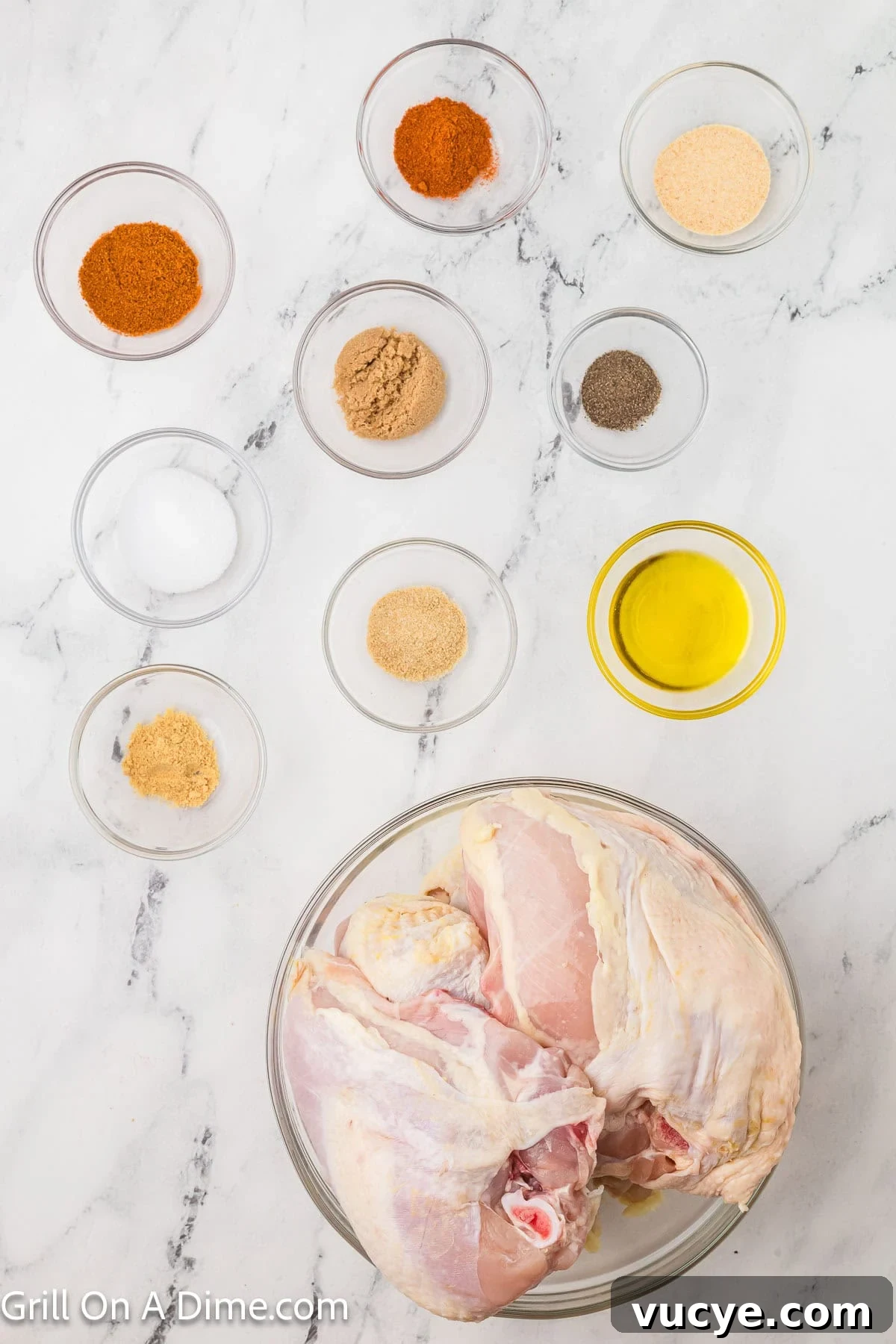 Smoked Bone-In Chicken Breasts Recipe for Juicy, Flavorful Meat 3 Ingredients - Chicken breast, olive oil, brown sugar, paprika, salt, garlic powder, onion powder, cayenne pepper, mustard powder, pepper