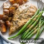 Creamy Dijon Chicken with Roasted Potatoes Recipe 12 Dinner plate of creamy Dijon chicken, skillet-fried potatoes, and green beans, all dressed with a light Dijon cream sauce.