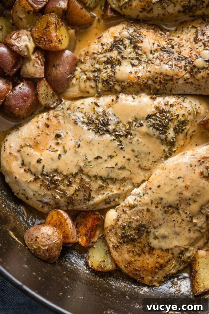 Creamy Dijon Chicken with Roasted Potatoes Recipe 3 Close up of a pan-fried chicken breast seasoned with Herbes de Provence and in a skillet with potatoes and a light Dijon cream sauce.