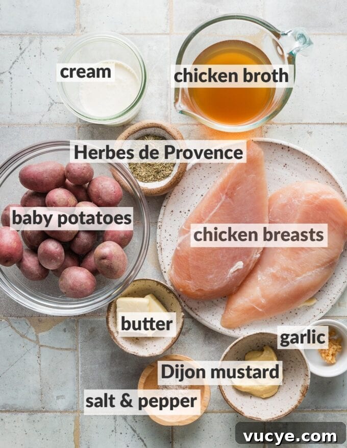 Creamy Dijon Chicken with Roasted Potatoes Recipe 4 Labeled overhead image of boneless, skinless chicken breasts, baby potatoes, Herbes de Provence, salt, pepper, cream, chicken broth, garlic, butter, and Dijon mustard to make a simple pan sauce.