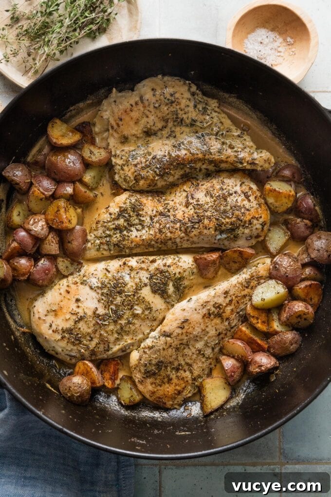Creamy Dijon Chicken with Roasted Potatoes Recipe 9 Deep cast iron skillet filled with pan-seared chicken, potatoes, and a Dijon cream sauce.