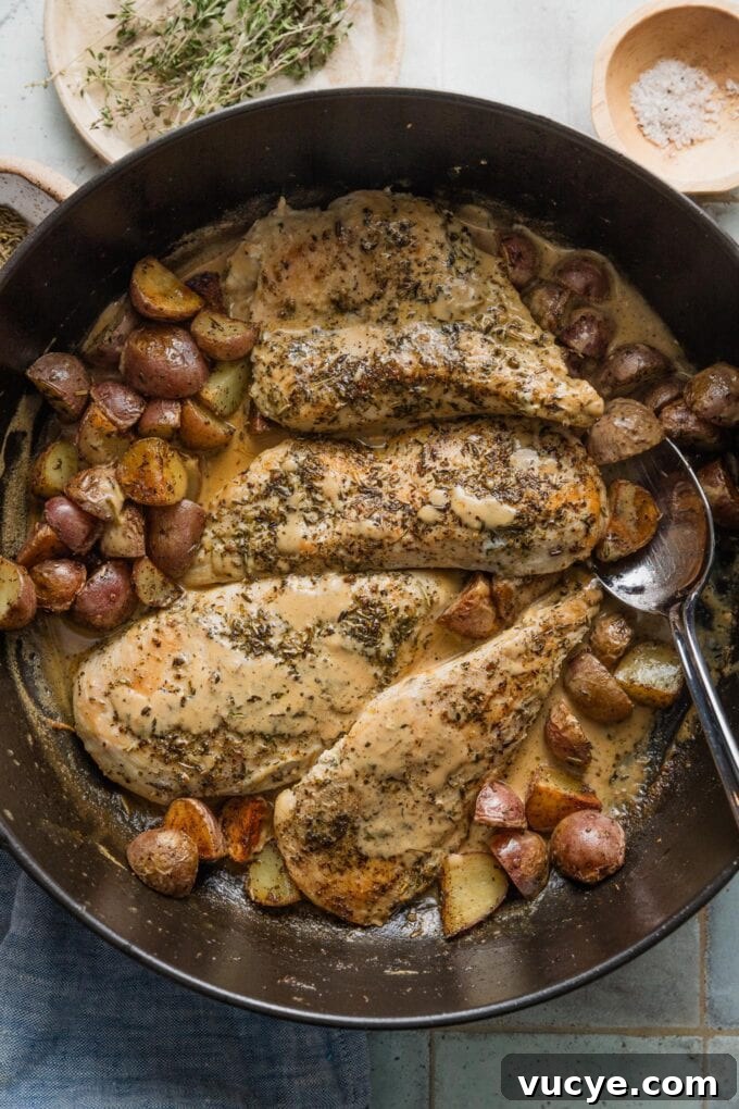 Creamy Dijon Chicken with Roasted Potatoes Recipe 10 Overhead view of a large cast iron skillet filled with pan-fried chicken breasts and baby potatoes in a creamy Dijon mustard sauce.