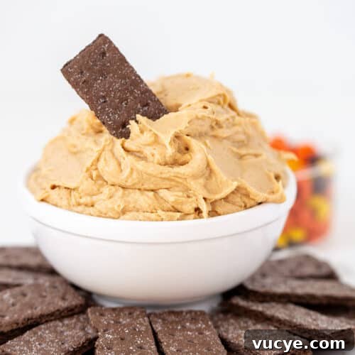 Peanut Butter Cookie Dough Dip Recipe — No-Bake Snack Dip 6 A white bowl filled with creamy Peanut Butter Dip, topped with a single chocolate cracker, surrounded by more chocolate crackers on a white plate.