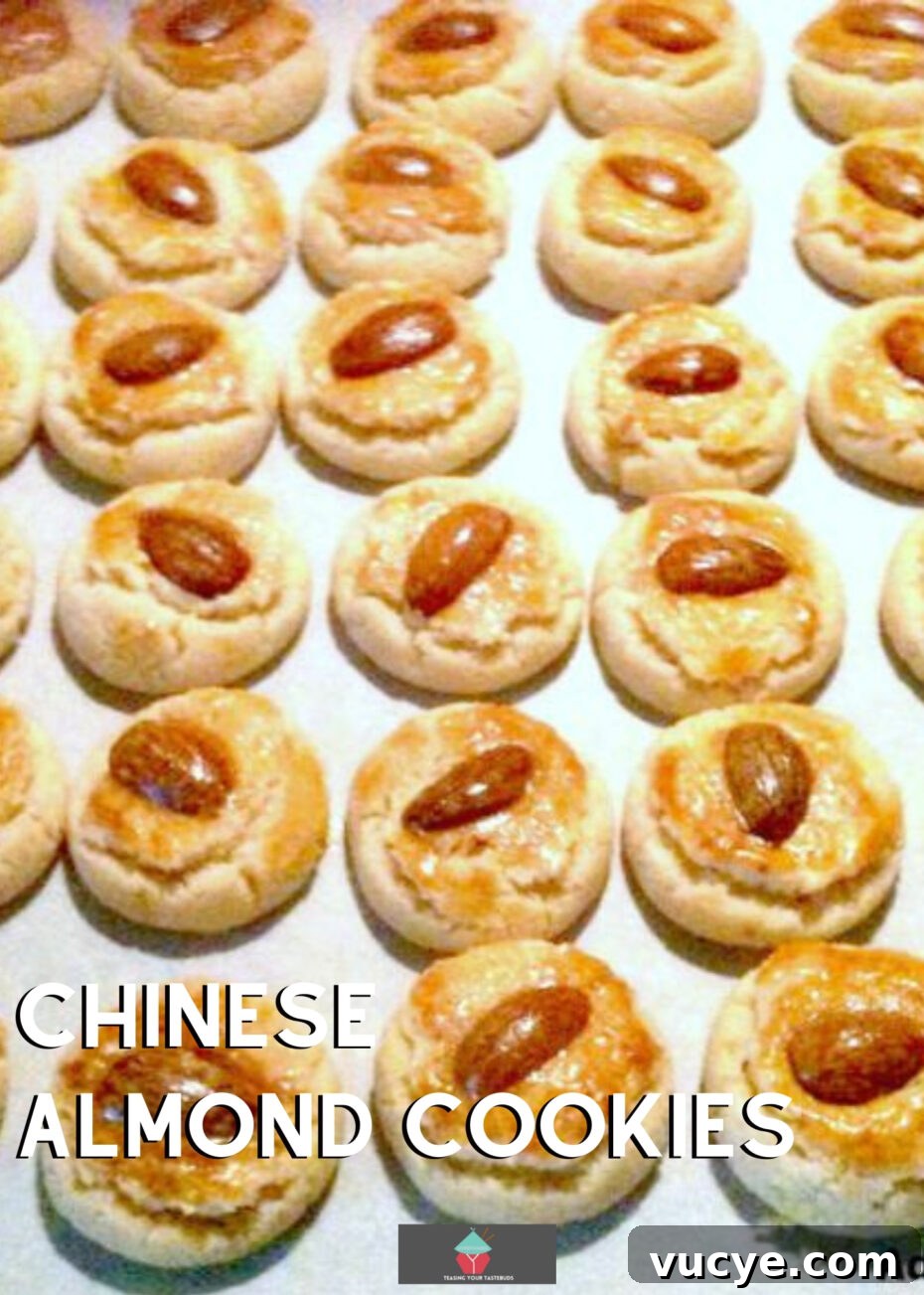 Classic Chinese Almond Cookies: Recipe & Baking Tips 2 Chinese Almond Cookies are simple little cookies, traditionally made for Chinese New Year. These cookies are soft, fluffy, and crumbly. The shape symbolizes coins and will give you good fortune in the coming new year! Easy recipe and are so addictive, be sure to make plenty!