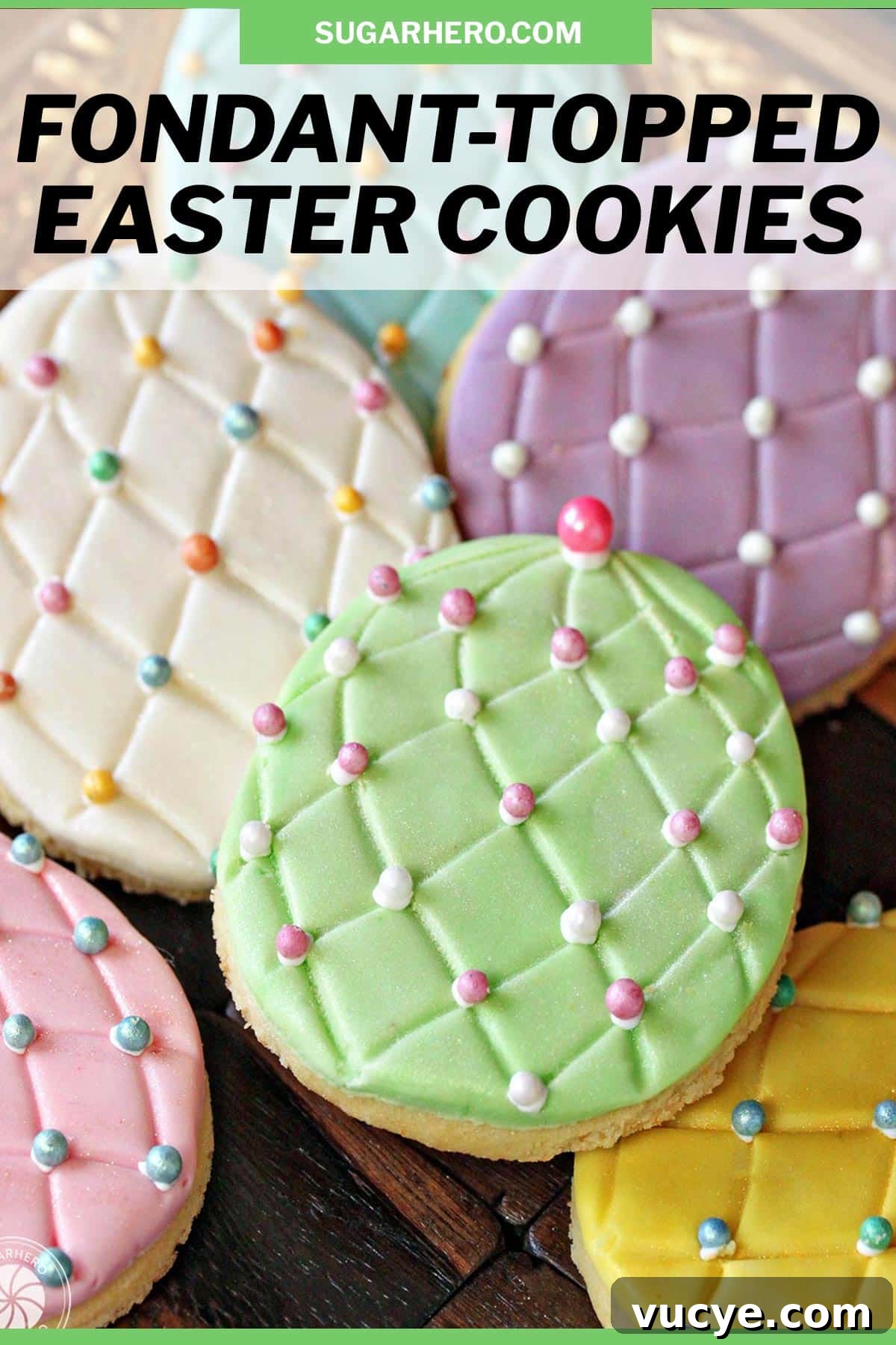 Easter Egg Cookies Topped with Smooth Fondant Decorating Ideas 5 Image of Fondant Covered Easter Egg Cookies with text overlay for Pinterest.