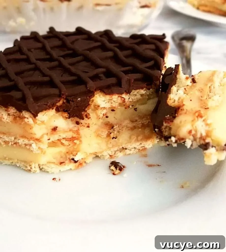 vanilla no bake biscuit cake side view bite on fork