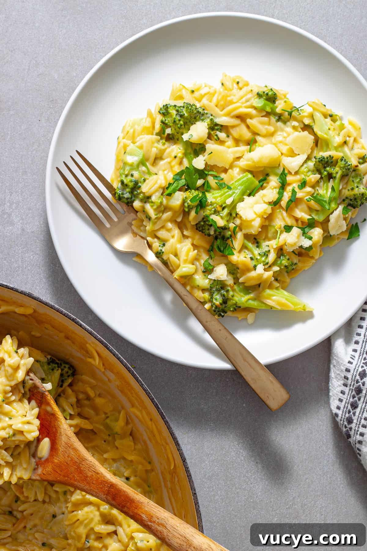 Creamy Broccoli Orzo Pasta with Garlic and Parmesan 13 A serving of creamy broccoli cheddar orzo on a white plate.