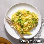 A white plate of creamy one-pan broccoli orzo topped with cheese and parsley.