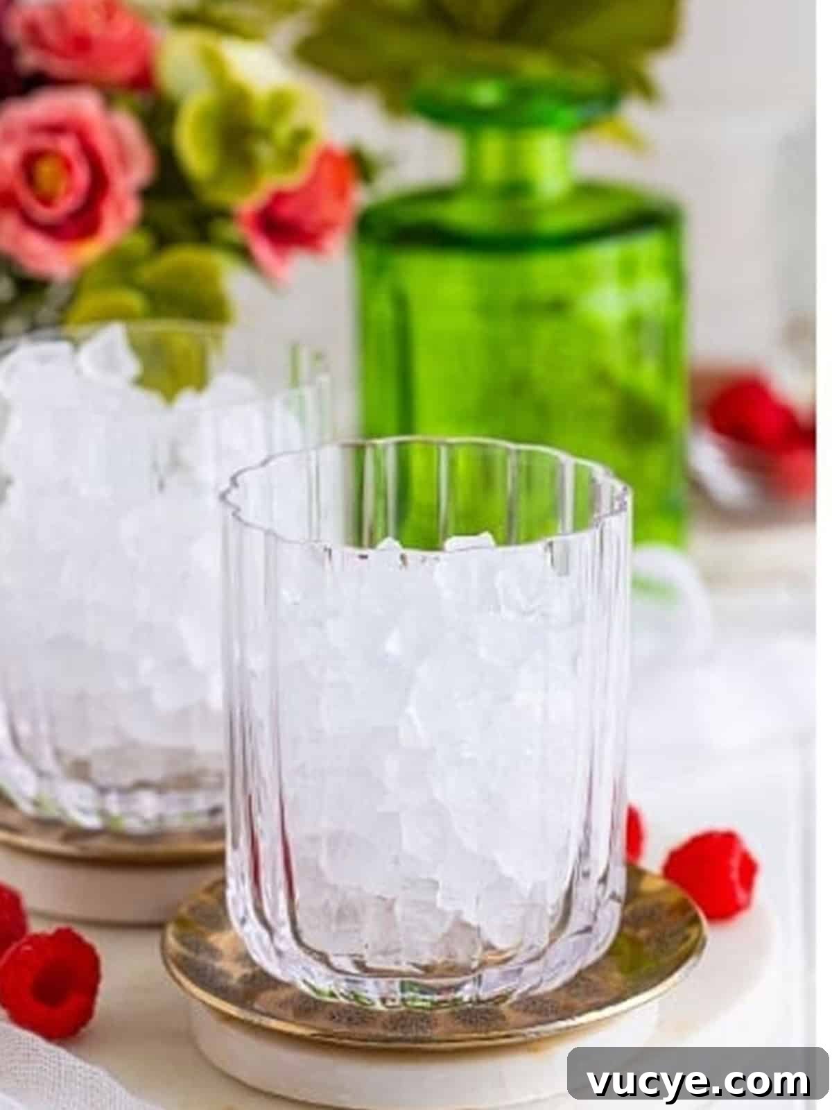 A glass filled three quarters with ice for a wine spritzer.