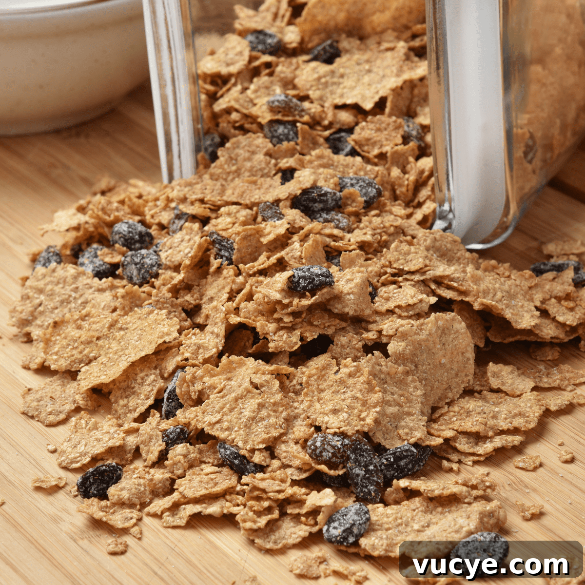 Clear container of bran cereal with raisins spilling out onto wooden countertop.