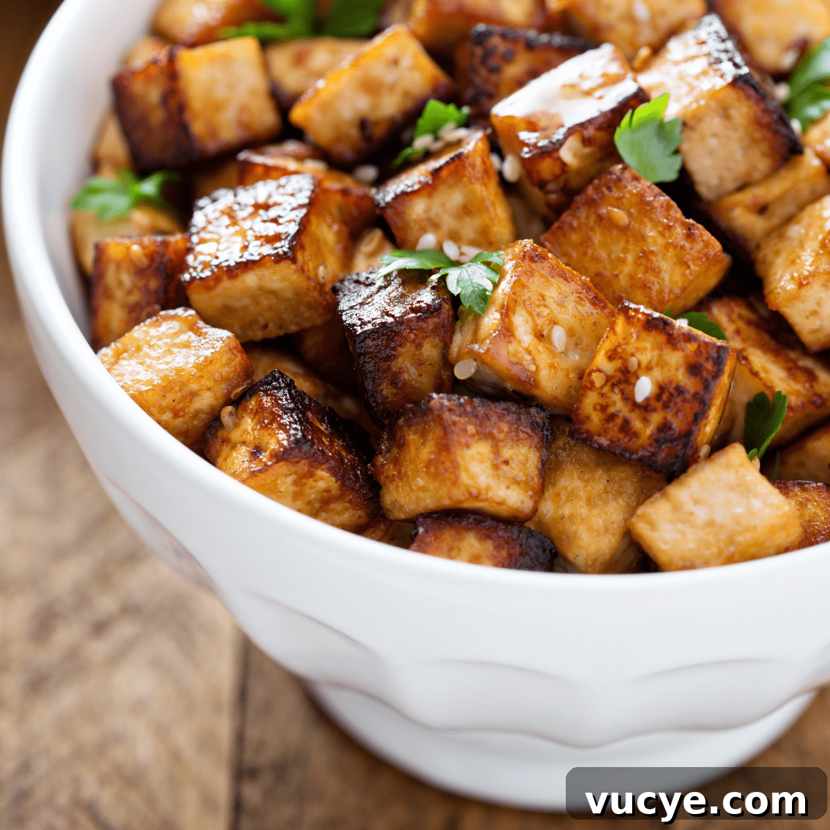 White bowl of cooked tofu with sesame seeds and parsley sprinkled on top.