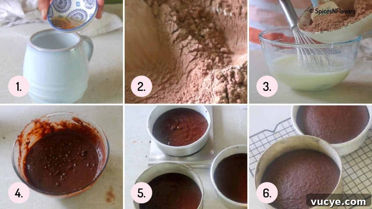 Egg-Free Black Forest Cake Recipe: Rich Chocolate Cherry Dessert 4 collage of steps explaining how to make chocolate cake base