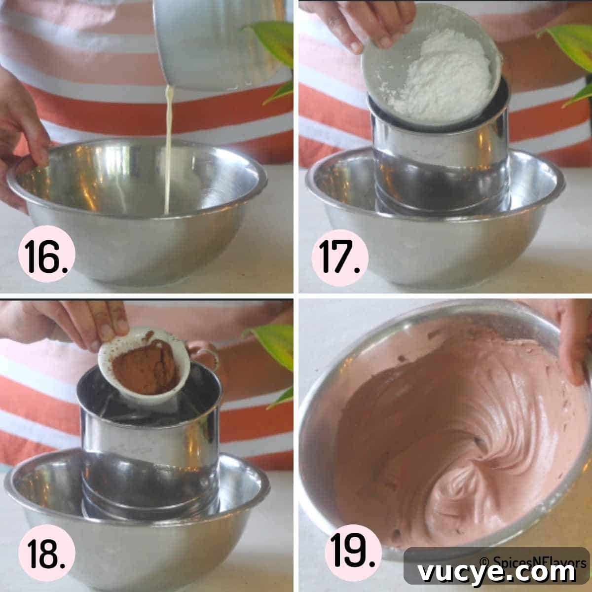 Egg-Free Black Forest Cake Recipe: Rich Chocolate Cherry Dessert 7 collage of steps explaining how to make chocolate whipped cream
